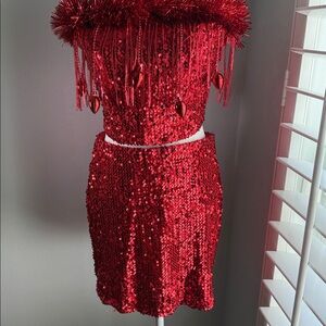 NWT Large Red Sequin Fringe Christmas strapless top and skirt